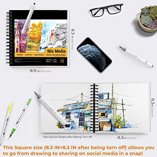 Mix Media Pad, Ohuhu Square 8.3"x8.3" Mixed Media Art Sketchbook